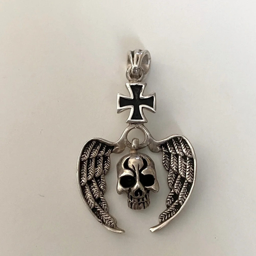 925 Silver skull angel wings pendant iron cross